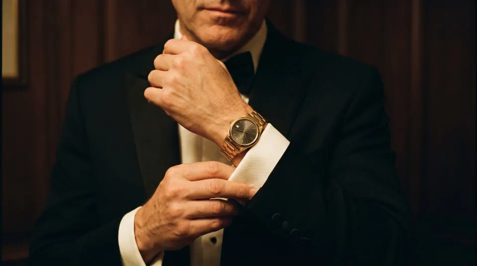 Collector adjusting his cuff, wearing a gold dress watch