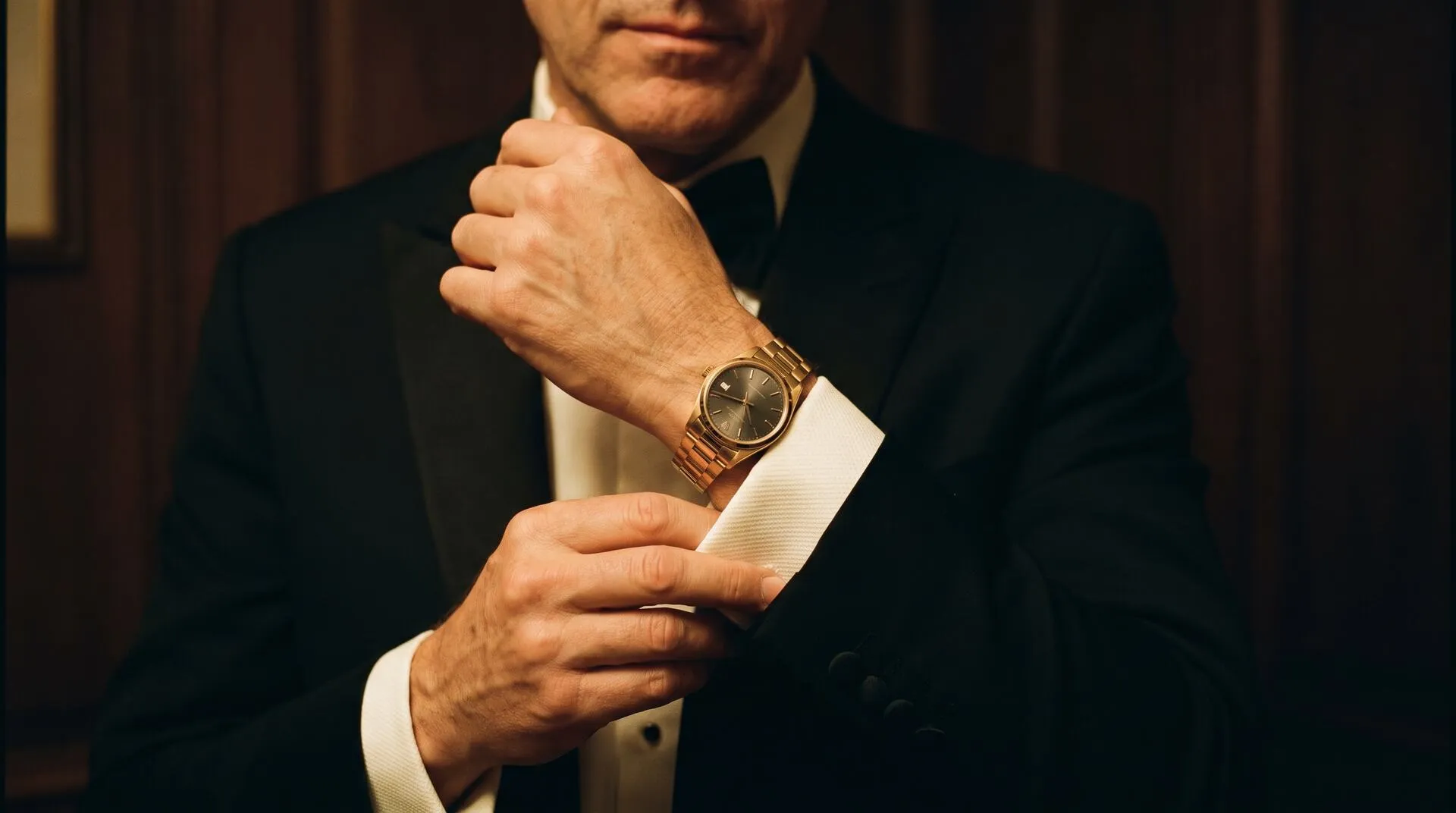 Collector in a dinner jacket adjusting his cuff, wearing a gold dress watch
