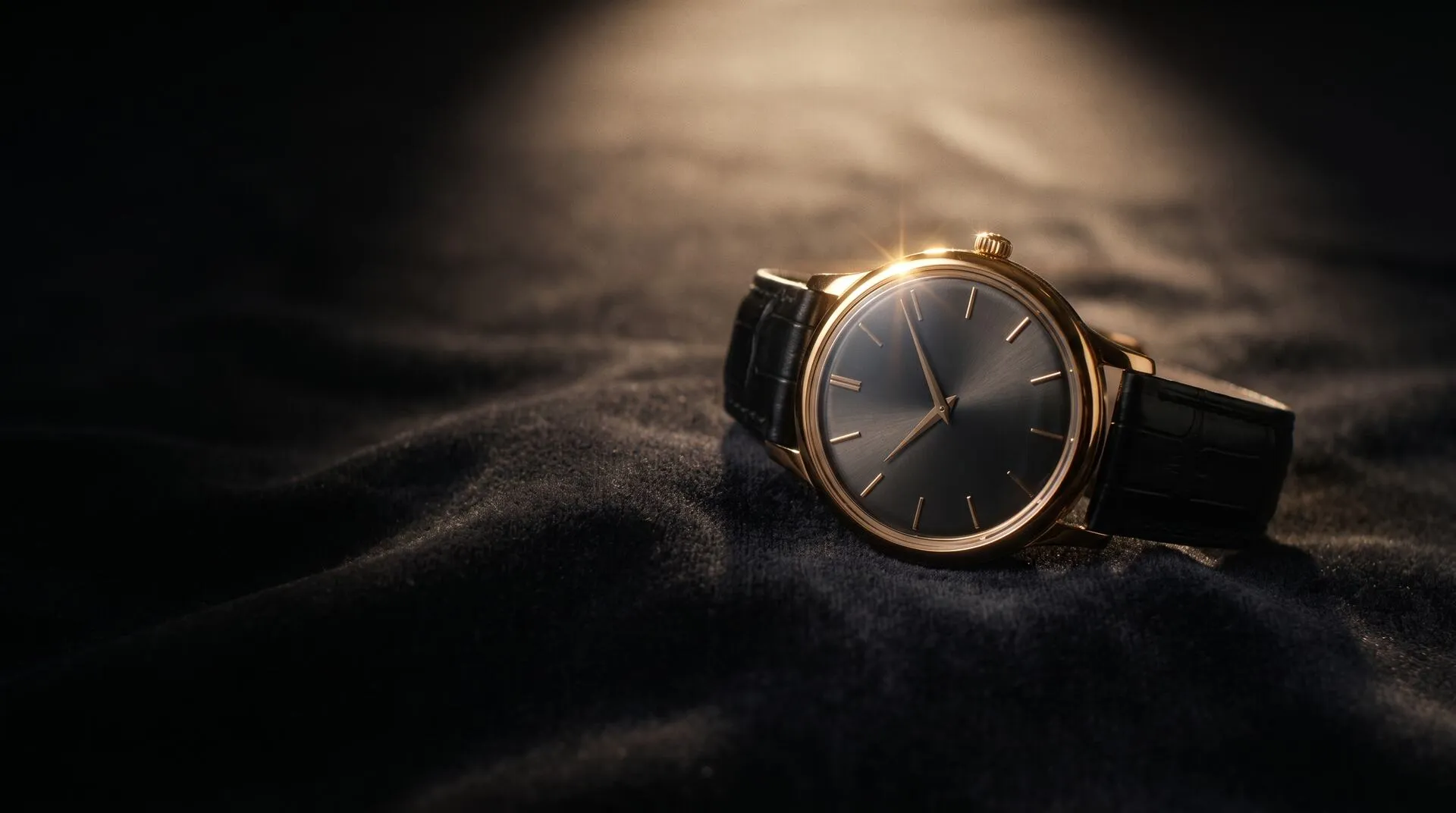 Gold watch on charcoal velvet under a single spotlight