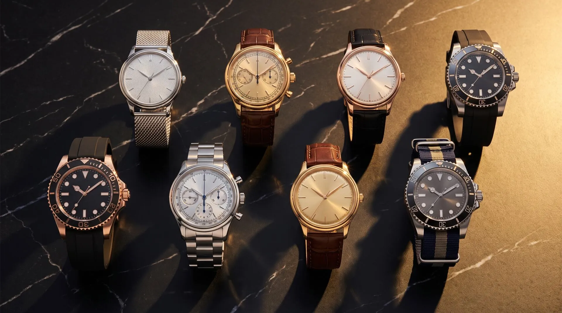 Eight luxury watches on black marble at an auction preview