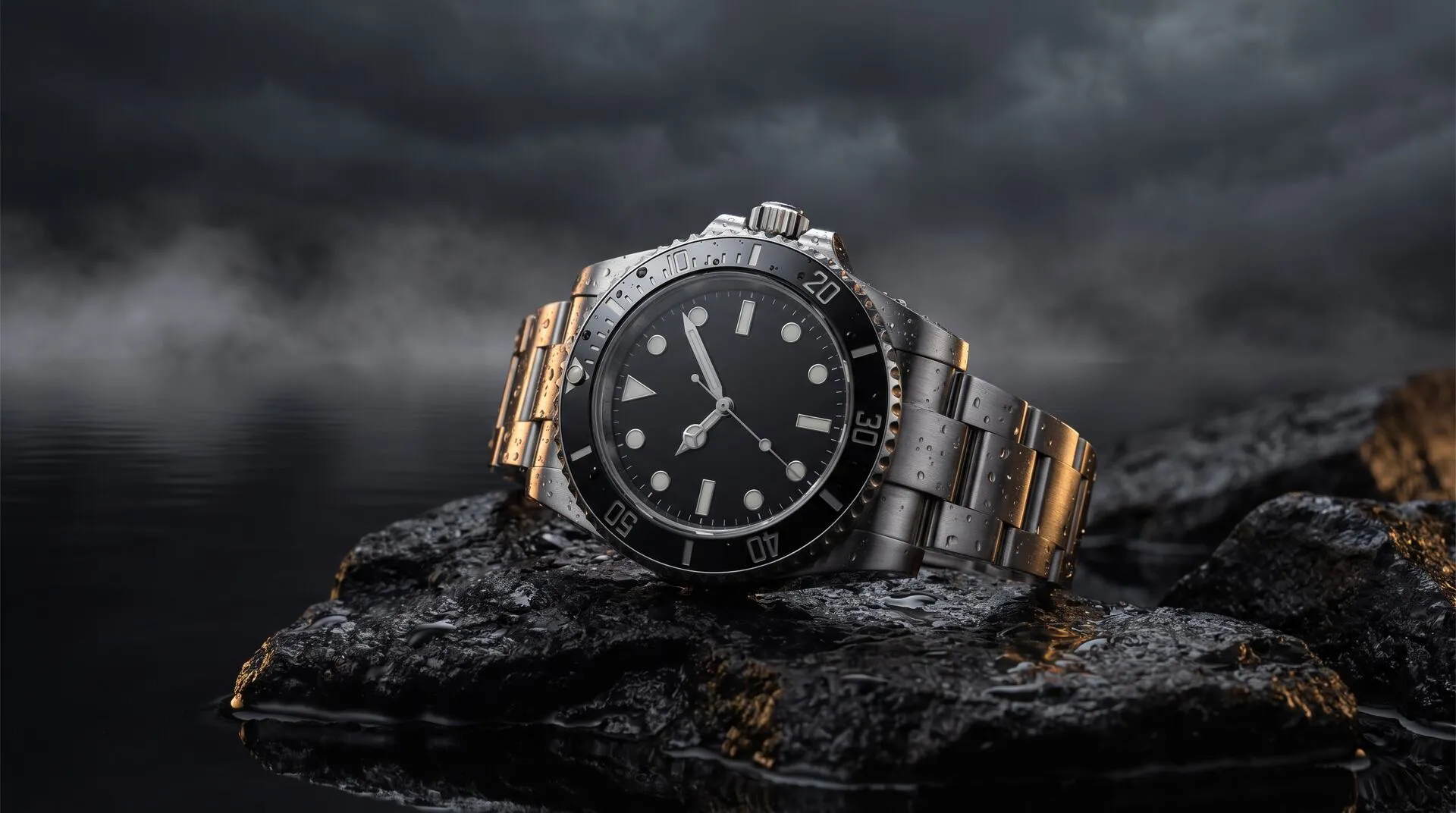 Steel dive watch resting on wet basalt rocks beside still water