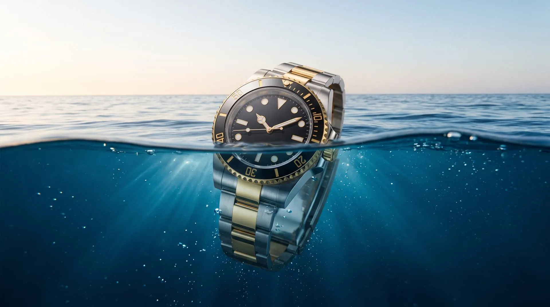 Two-tone dive watch half submerged at the ocean waterline