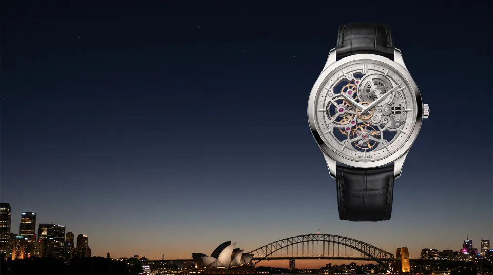 Open-worked dress watch above the Sydney skyline
