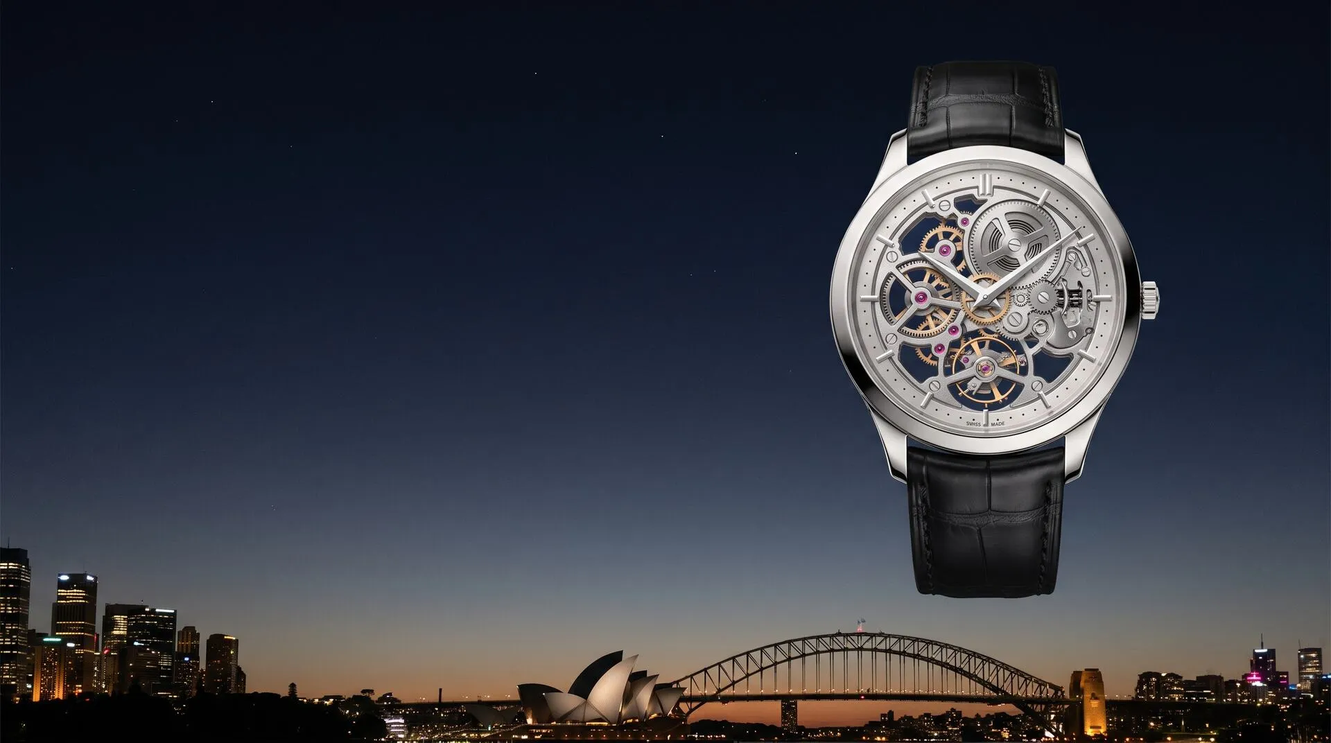 Open-worked white-gold dress watch above the Sydney skyline at blue hour